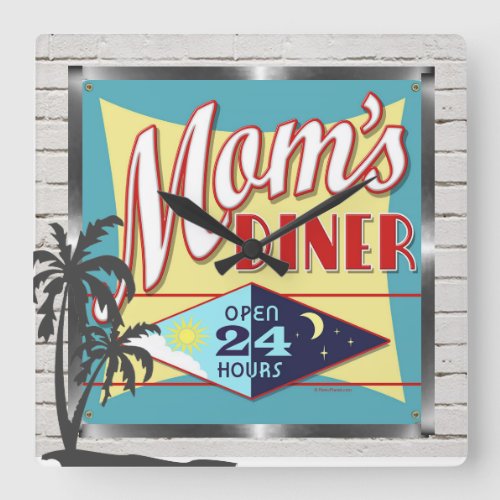 Vintage Moms 24 Hour Diner wPalm Trees on a Square Wall Clock