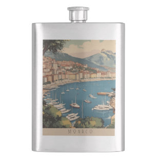 Vintage Monaco Harbour Travel Scene Custom Text Flask