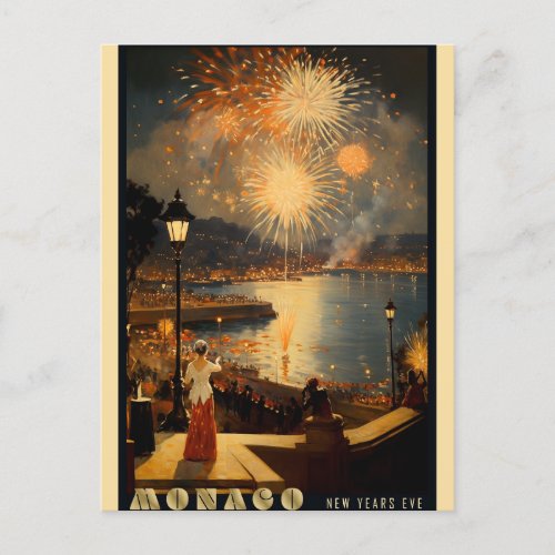 Vintage Monaco New Years Eve Fireworks Travel Postcard