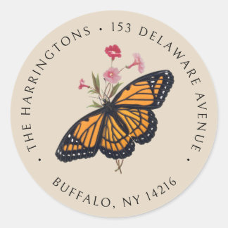 Vintage Monarch Butterfly Soft Tan Return Address Classic Round Sticker