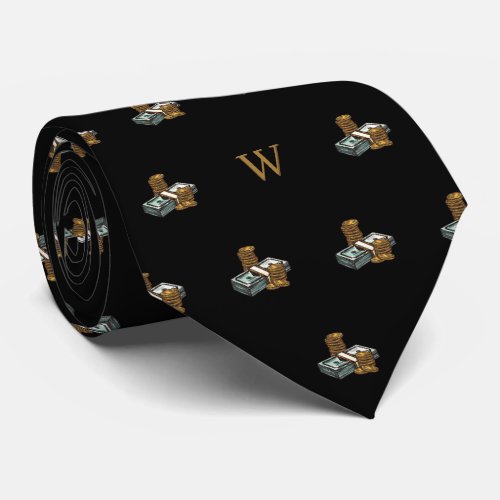 Vintage Money Bills Coins Monogram Initials Black Neck Tie