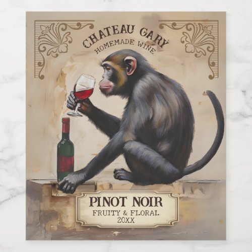 Vintage monkey drinking red wine personalized wine label