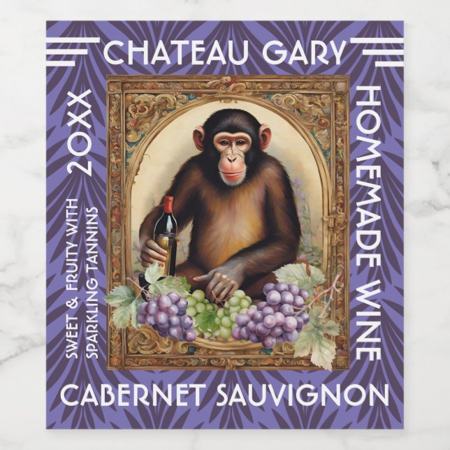 Vintage monkey wine bottle grapes personalized label (Single Label)