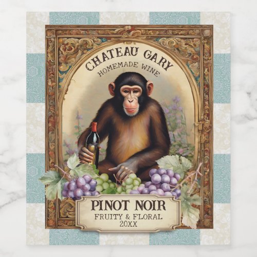 Vintage monkey wine bottle grapes personalized wine label