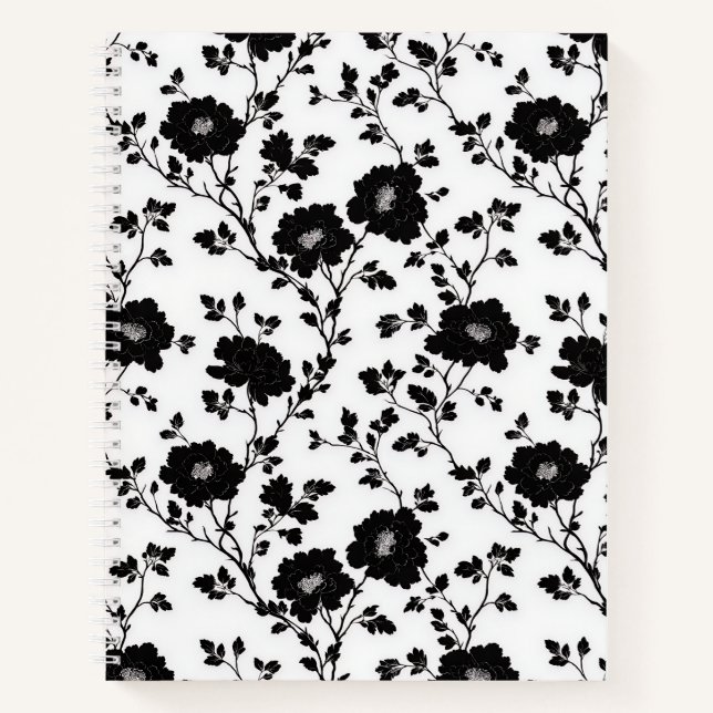 Vintage Monochrome Black Flower Toile Nature Notebook (Front)