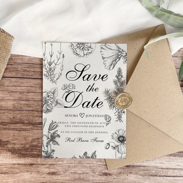 Vintage Monochrome Botanical Wedding Save The Date (Creator Uploaded)