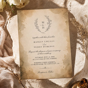 Vintage Monogram Boho Rustic Elegant Wedding Invitation