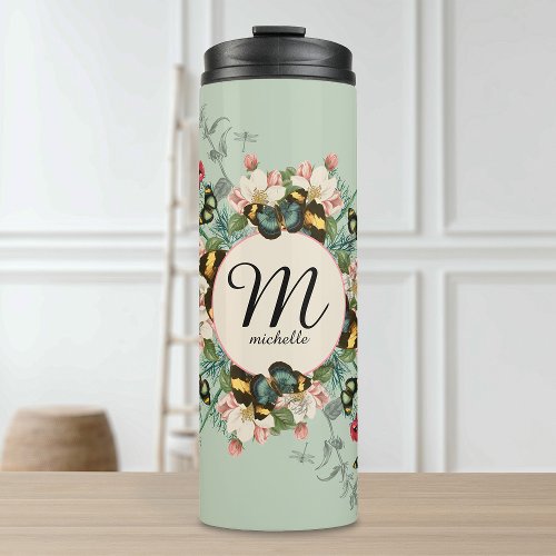 Vintage Monogram Butterflies Sage Green Custom Thermal Tumbler