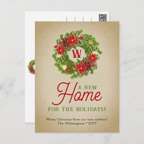 Vintage Monogram Christmas Wreath Moving Postcard