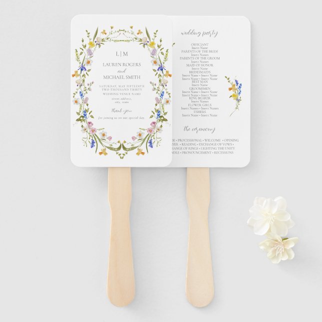 Vintage Monogram Colorful Garden Wedding Program Hand Fan (Front and Back)