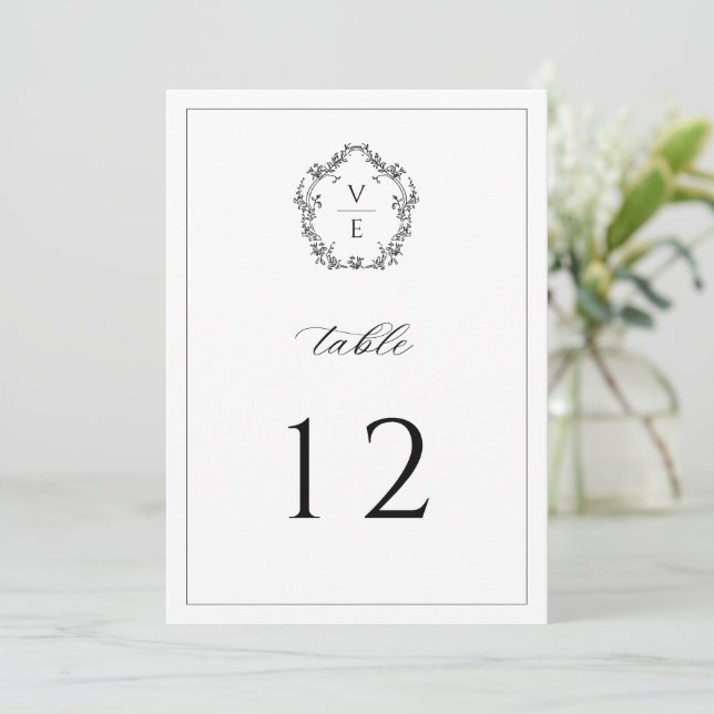 Vintage Monogram Crest Black Wedding Table Number (Standing Front)