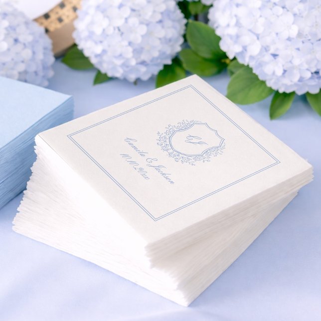 Vintage Monogram Crest Dusty Blue Wedding  Napkins (Creator Uploaded)