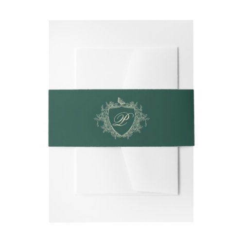 Vintage monogram crest emerald green wedding invitation belly band