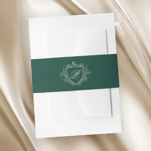 Vintage monogram crest emerald green wedding invitation belly band