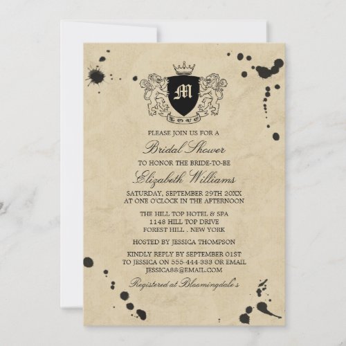 Vintage Monogram Crest  Ink Stain Bridal Shower Invitation