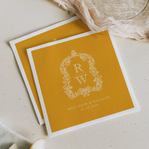 Vintage Monogram Crest Marigold Yellow Wedding Napkins