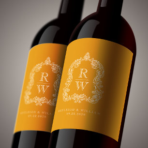 Vintage Monogram Crest Marigold Yellow Wedding Wine Label