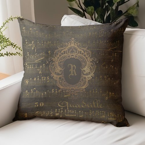 Vintage Monogram Crest Music Manuscript Brown Gold Throw Pillow