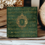 Vintage Monogram Crest Music Manuscript Green Gold Ceramic Tile<br><div class="desc">This elegant vintage design features gold-colored handwritten sheet music manuscript on a distressed dark emerald green and gold background. Personalize it with your monogram initial in Gothic font set off by an ornate antique gold crest frame.</div>