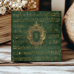 Vintage Monogram Crest Music Manuscript Green Gold Ceramic Tile