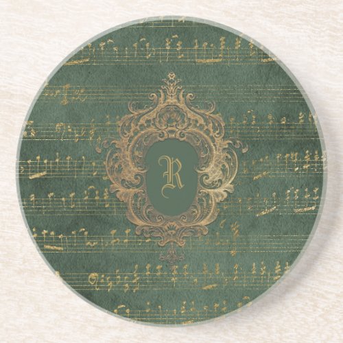 Vintage Monogram Crest Music Manuscript Green Gold Coaster