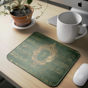 Vintage Monogram Crest Music Manuscript Green Gold Mouse Pad