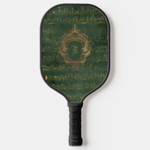 Vintage Monogram Crest Music Manuscript Green Gold Pickleball Paddle