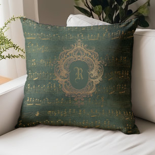 Vintage Monogram Crest Music Manuscript Green Gold Throw Pillow