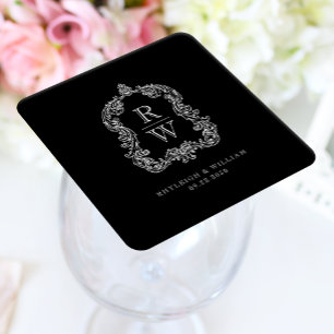Vintage Monogram Crest Names Black White Wedding Square Paper Coaster