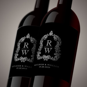 Vintage Monogram Crest Names Black White Wedding Wine Label