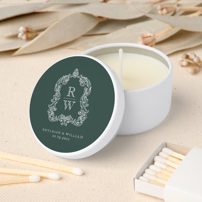 Vintage Monogram Crest Names Forest Green Wedding Mini Candle Favors (Insitu)