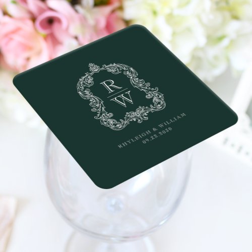 Vintage Monogram Crest Names Forest Green Wedding Square Paper Coaster