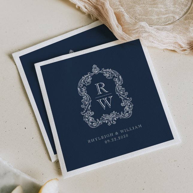 Vintage Monogram Crest Names Navy Blue Wedding Napkins (Creator Uploaded)