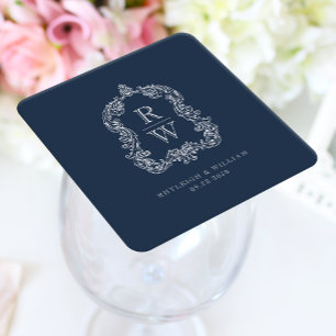 Vintage Monogram Crest Names Navy Blue Wedding Square Paper Coaster