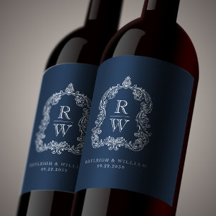Vintage Monogram Crest Names Navy Blue Wedding Wine Label