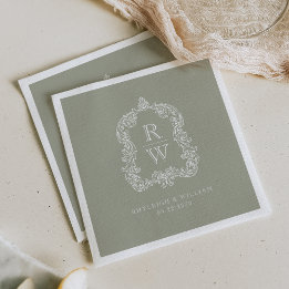 Vintage Monogram Crest Names Sage Green Wedding Napkins