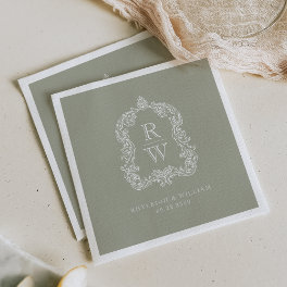 Vintage Monogram Crest Names Sage Green Wedding Napkins