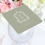 Vintage Monogram Crest Names Sage Green Wedding Square Paper Coaster<br><div class="desc">This elegant design features an ornate,  regency vintage-inspired crest of acanthus leaves framing two monogram initials in open serif font,  stacked vertically and separated by a thin horizontal line. Add the couple's names and wedding date below. The design and text are in white on a sage green background.</div>