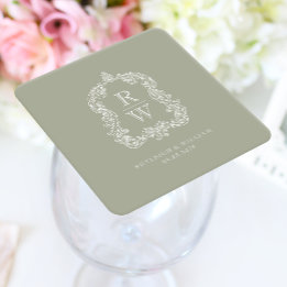 Vintage Monogram Crest Names Sage Green Wedding Square Paper Coaster