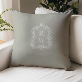 Vintage Monogram Crest Names Sage Green Wedding Throw Pillow