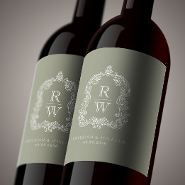 Vintage Monogram Crest Names Sage Green Wedding Wine Label