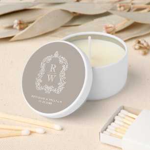 Vintage Monogram Crest Names Taupe Wedding Mini Candle Favors