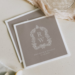 Vintage Monogram Crest Names Taupe Wedding Napkins