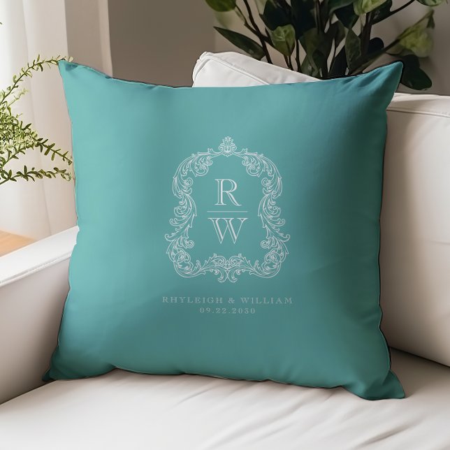 Vintage Monogram Crest Names Turquoise Wedding Throw Pillow (Creator Uploaded)