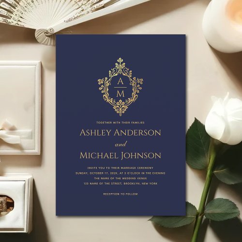 Vintage Monogram Crest Navy Blue Faux Gold Wedding Invitation