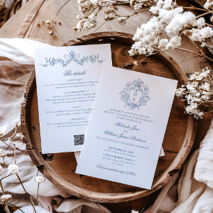 Vintage Monogram Crest QR Code All In One Wedding Invitation