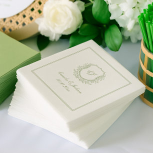 Vintage Monogram Crest Sage Green Wedding  Napkins