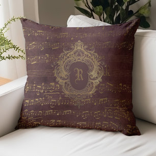 Vintage Monogram Crest Sheet Music Burguindy Gold Throw Pillow