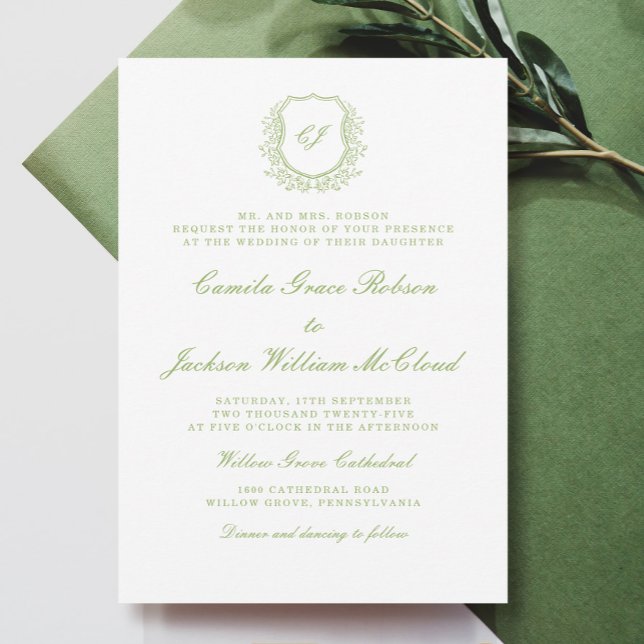 Vintage Monogram Crest White and Green Wedding  Invitation (Creator Uploaded)