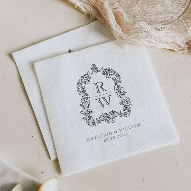 Vintage Monogram Crest White Charcoal Gray Wedding Napkins (Creator Uploaded)